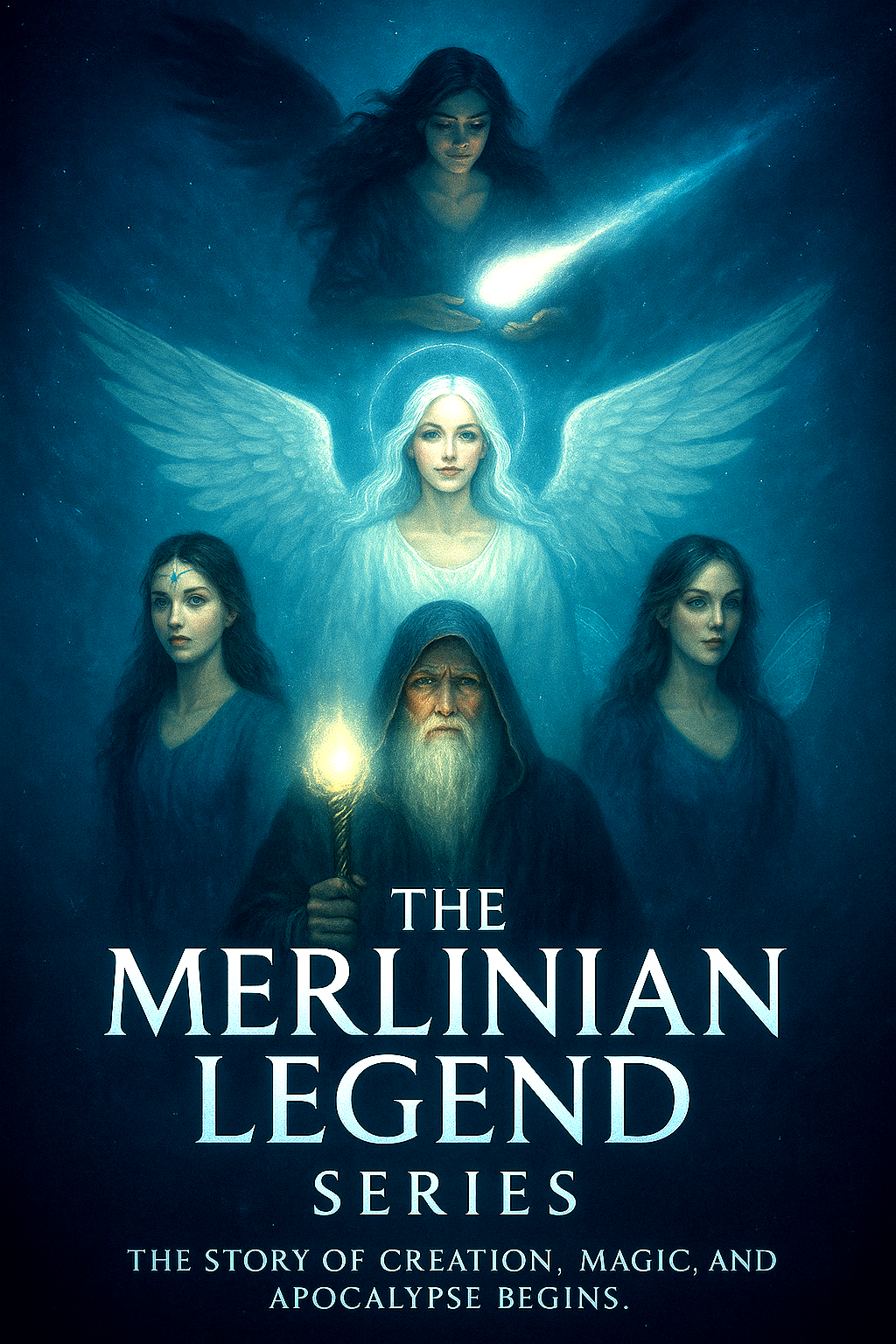 Promotional poster for The Merlinian Legend Series in blue–silver light.
